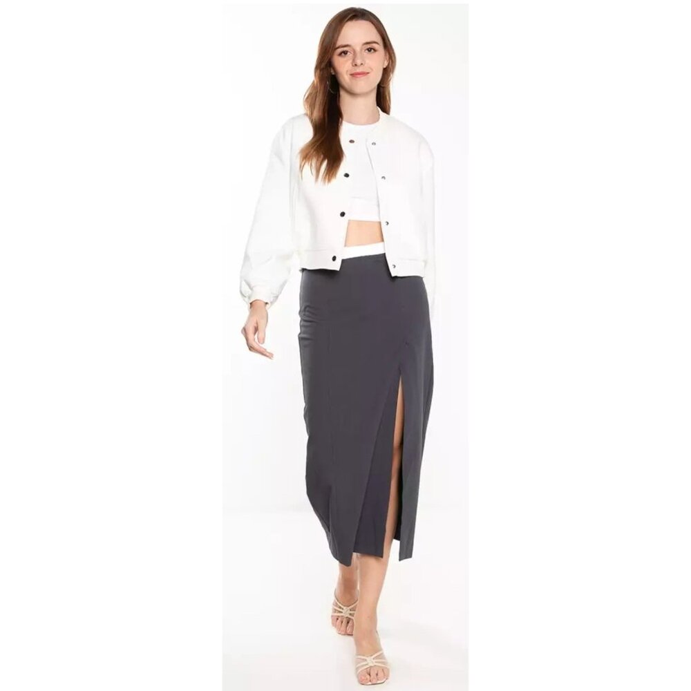 Zara Chacoal Gray Midi Pencil‎ Skirt Side Slit White Satin Elastic Waist M NWOT